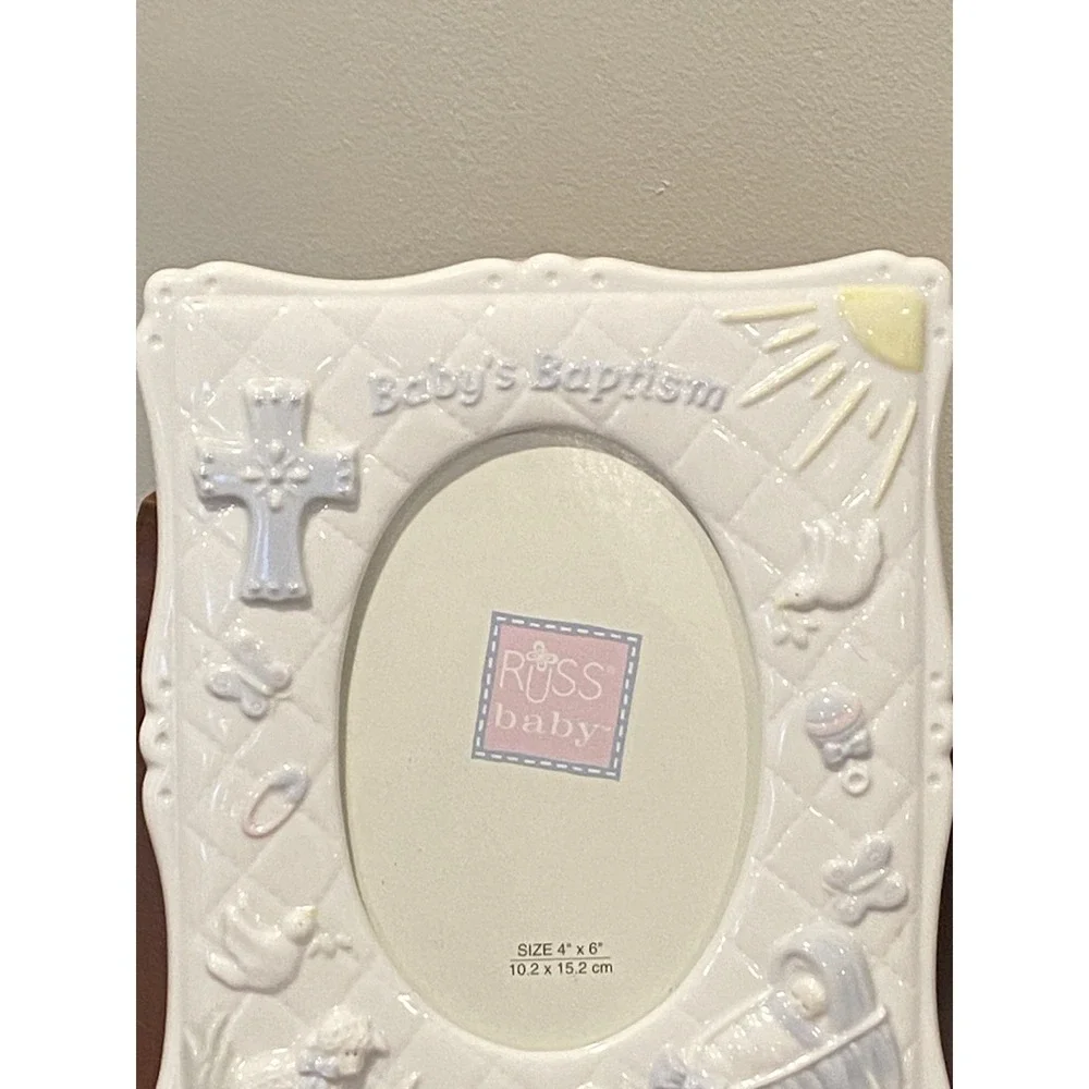 Russ Ceramic Photo Frame Baptism Baby Blue 4x6 Portrait Layout Picture Holder